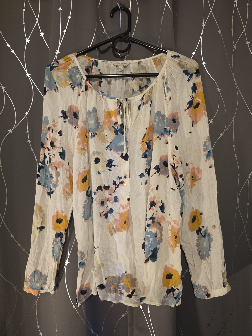 Lucky Brand White Floral Tie-Neck Peasant Blouse